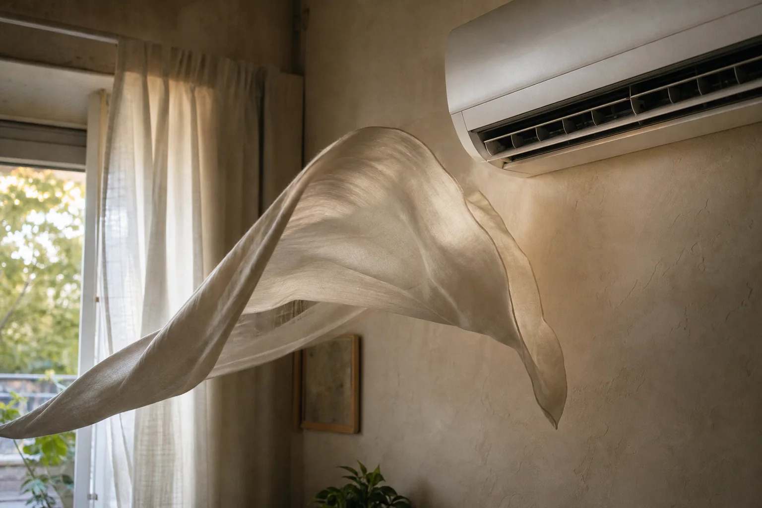 A curtain lifting in cool air beneath a wall air conditioner